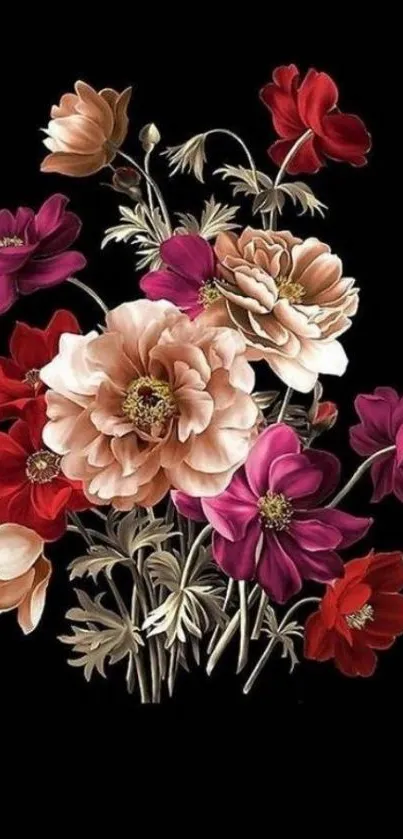 Elegant bouquet of colorful flowers on black background wallpaper.