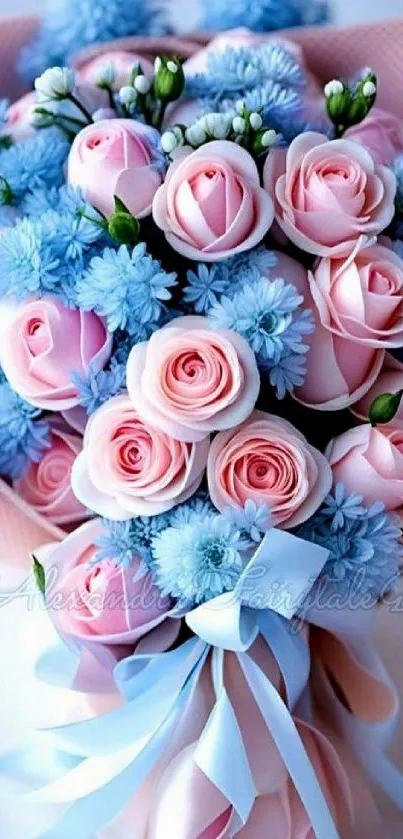 Elegant pink rose and blue flower bouquet wallpaper.