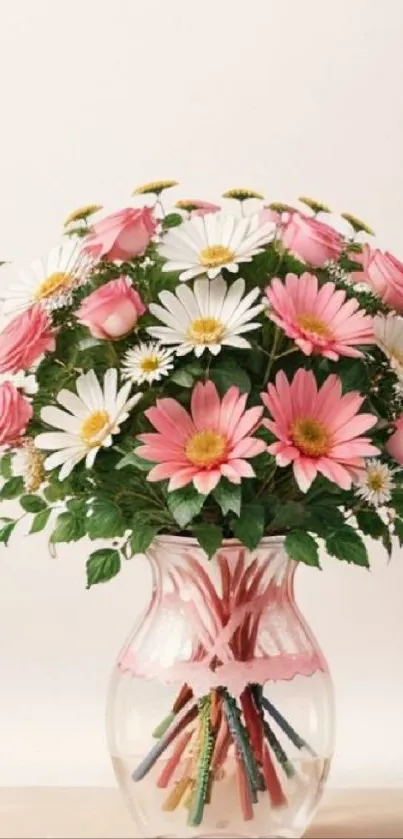 Pink and white floral bouquet in vase wallpaper.