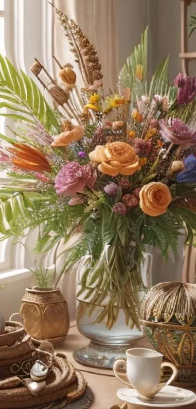 Elegant floral bouquet in a vase with natural light and decor.