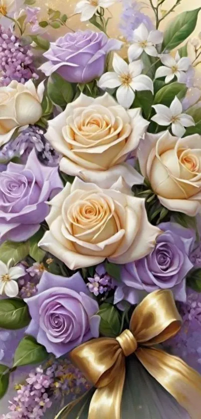 Elegant bouquet of roses and lilacs in soft pastel colors.