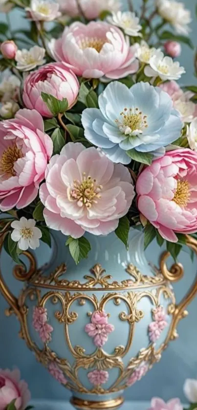 Elegant floral bouquet in ornate vase on blue background.