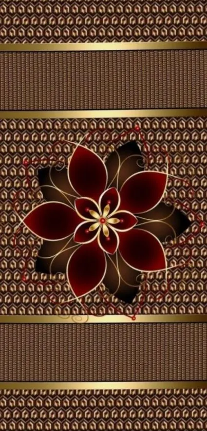Elegant brown wallpaper with a red floral design