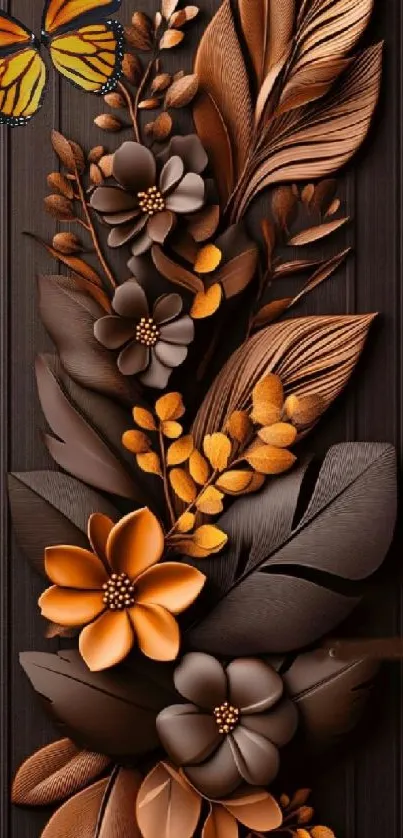 3D floral brown wallpaper with butterfly.