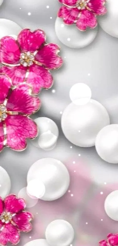 Mobile wallpaper with pink flowers and white bubbles on a gray background.