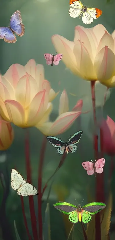 Beautiful wallpaper with flowers and butterflies.