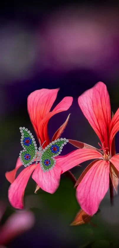 Elegant wallpaper of a butterfly on pink flowers with a purple backdrop.