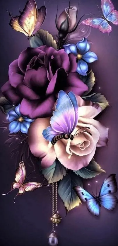 Elegant purple and blue butterfly floral wallpaper with roses.