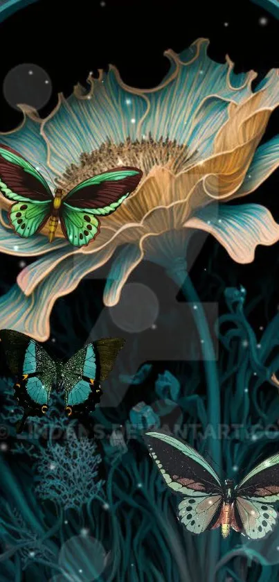 Elegant floral wallpaper with butterflies in teal tones.