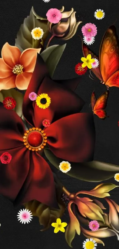 Elegant floral and butterfly design with red and orange on a black background.