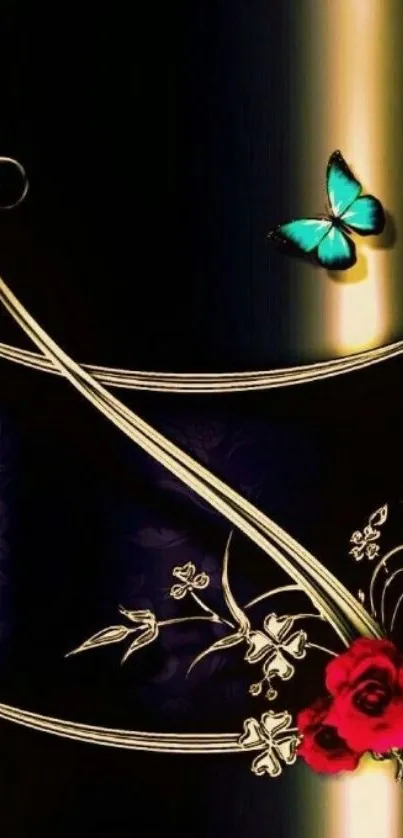 Elegant butterfly and floral design on dark wallpaper.