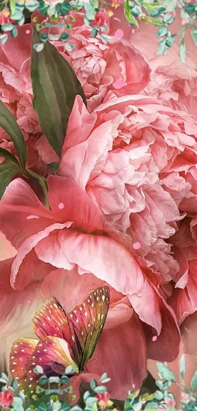 Vibrant floral wallpaper with pink peonies and a butterfly, perfect for mobile display.