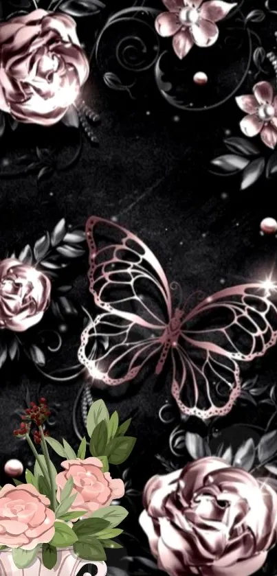 Elegant butterfly and floral wallpaper art in black and pale pink hues.