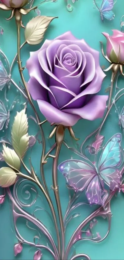 Elegant floral and butterfly mobile wallpaper with a teal background.