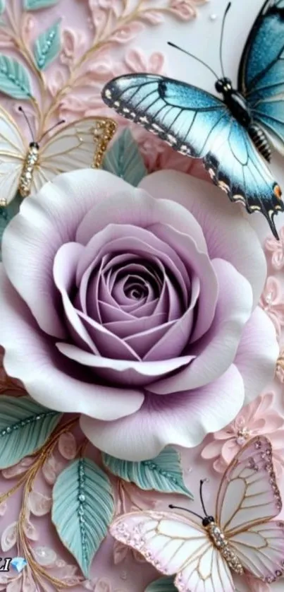 Lavender rose with butterflies on pastel background.