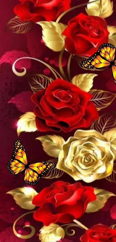 Elegant red and gold floral wallpaper with butterflies.