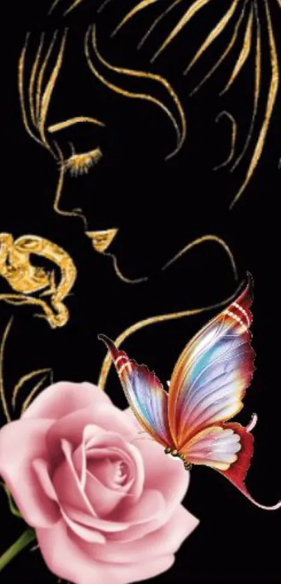 Floral wallpaper with butterfly and line art silhouette on black background.