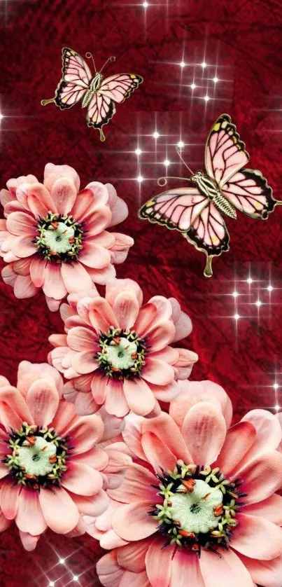 Pink flowers and butterflies on burgundy background.