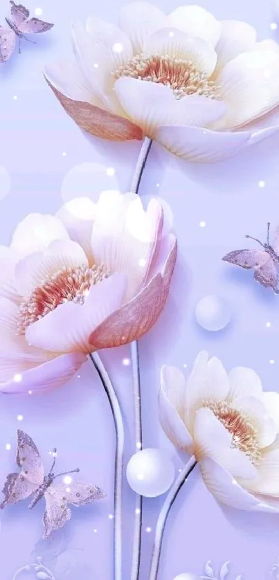 Elegant mobile wallpaper with flowers and butterflies in lavender hues.