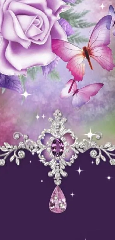 Elegant lilac rose and butterfly wallpaper with jeweled accents.