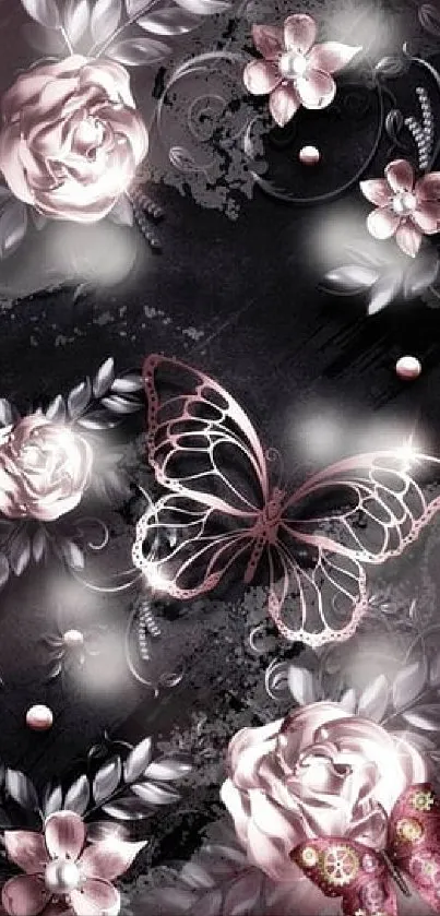 Elegant butterfly and floral pink wallpaper for mobile phones.