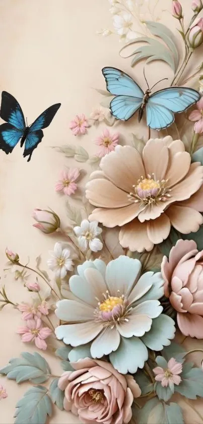 Serene pastel floral wallpaper featuring butterflies.