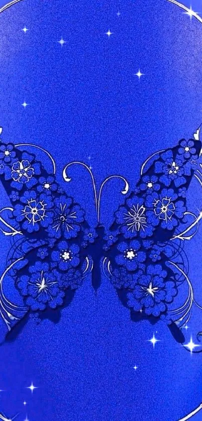 Blue floral butterfly wallpaper with intricate design.