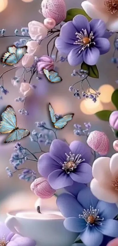 Elegant floral wallpaper with butterflies and vibrant flowers.