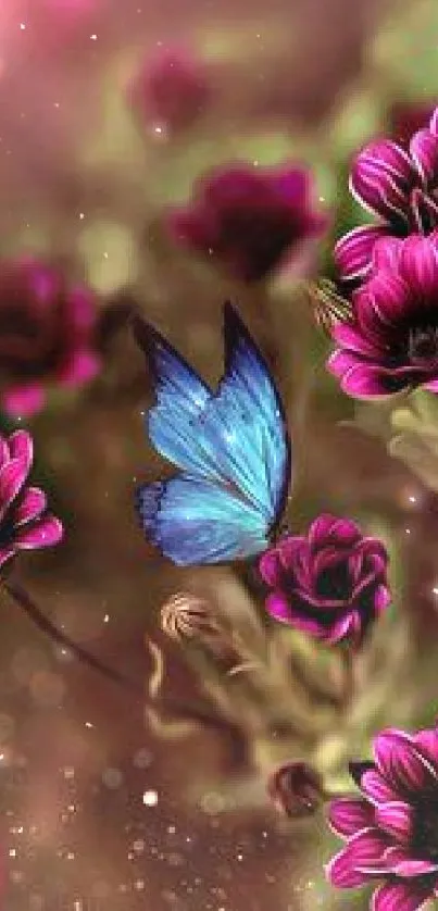 Floral wallpaper with blue butterfly and pink flowers.