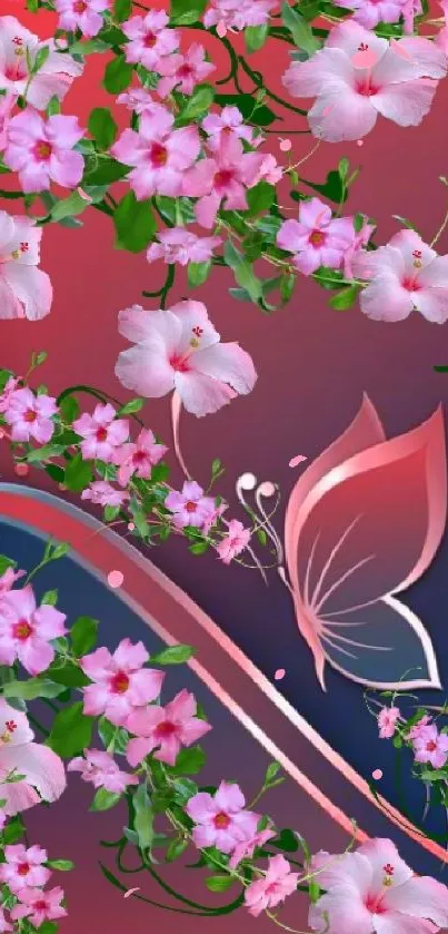 Elegant wallpaper with pink flowers and butterfly on a gradient background.