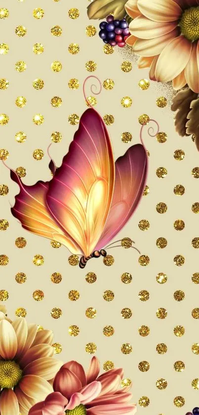 Elegant butterfly with floral background and golden dots.