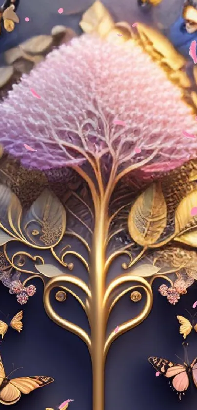 Elegant mobile wallpaper featuring pink flowers and butterflies on a lavender background.