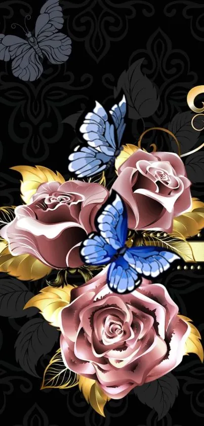 Elegant wallpaper with pink roses and blue butterflies on a black background.