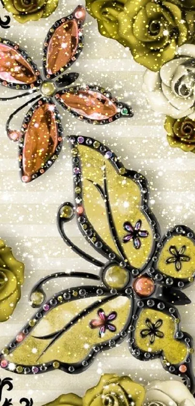 Jeweled butterflies with roses mobile wallpaper.