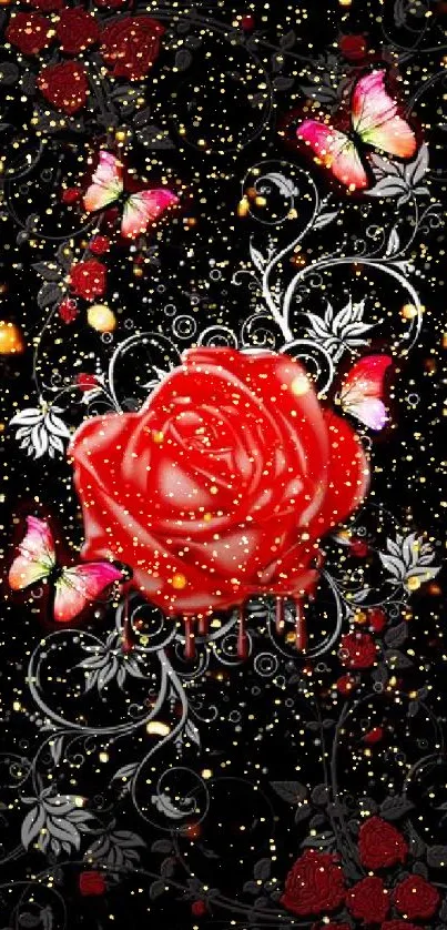 Red roses and butterflies on a dark wallpaper.