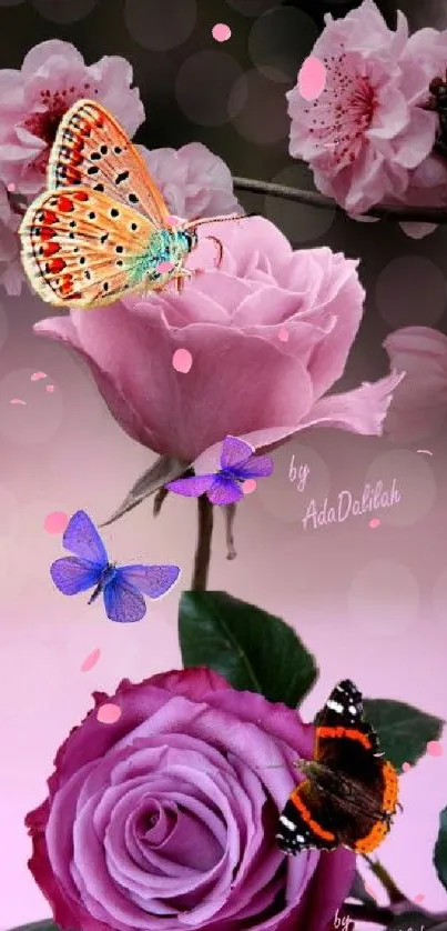 Pink roses and butterflies mobile wallpaper.