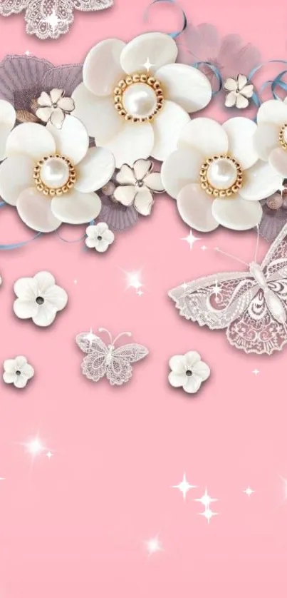 Elegant wallpaper with white flowers and lace butterflies on a pink background.