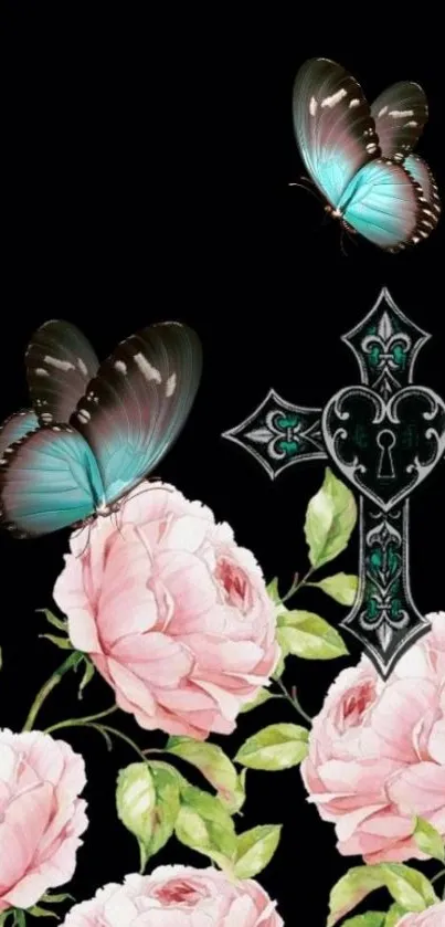 Mobile wallpaper with pink roses, butterflies, and an ornate cross on black background.