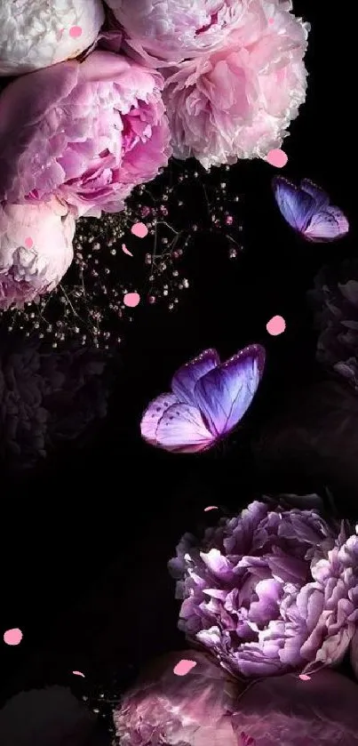 Elegant pink and purple floral wallpaper with butterflies.