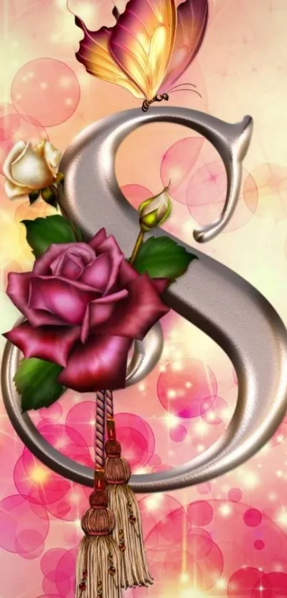 Wallpaper with ampersand, roses, butterfly on pink bubbles.