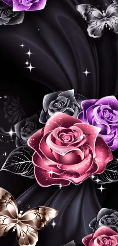 Elegant floral wallpaper with roses and butterflies.