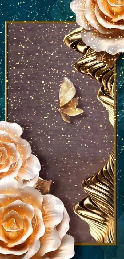 Elegant wallpaper with golden roses and butterfly on a teal background.