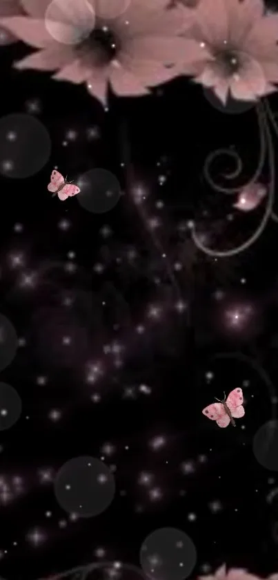 Elegant pink floral and butterfly design on a black background for mobile wallpaper.