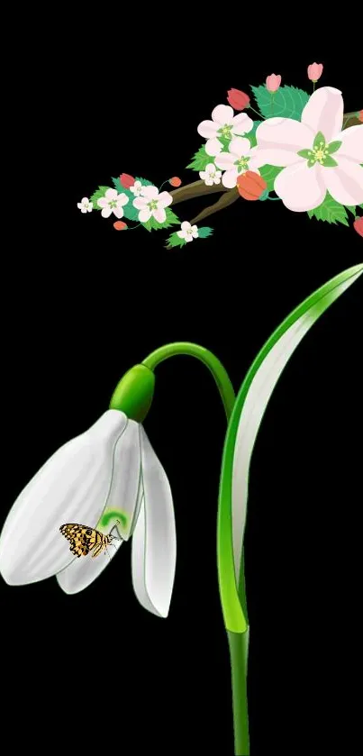 Elegant wallpaper of a flower with butterfly and branch with blossoms.