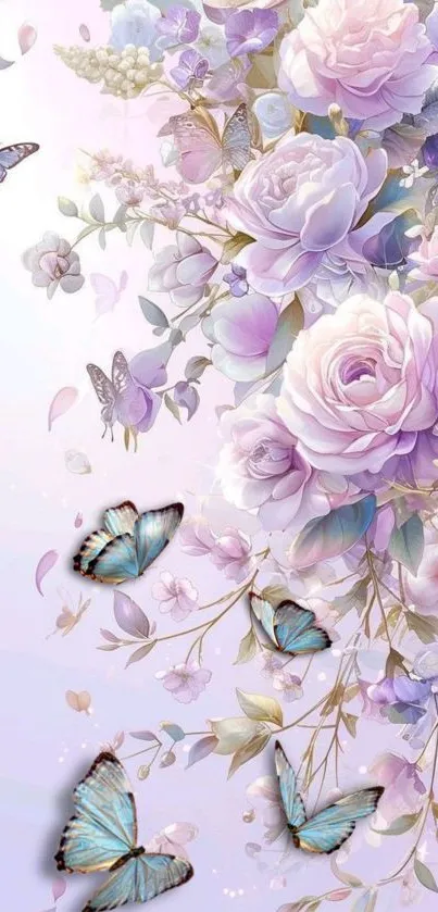 Lavender floral wallpaper with butterflies.