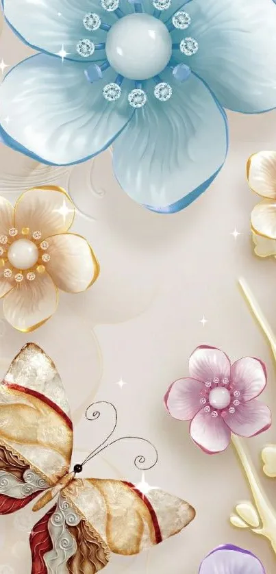 3D floral and butterfly wallpaper with soft colors for mobile phone