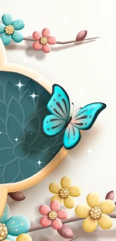 Elegant wallpaper with teal butterfly and pastel flowers on artistic design.