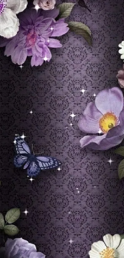 Elegant purple floral wallpaper with butterfly design.