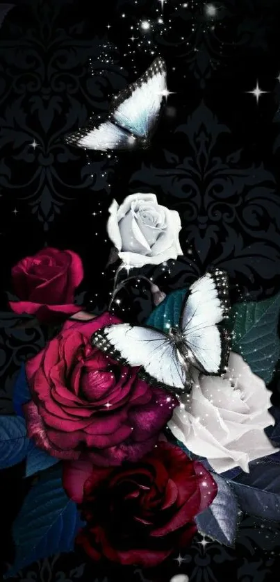 Elegant mobile wallpaper with butterflies and vivid roses on dark background.