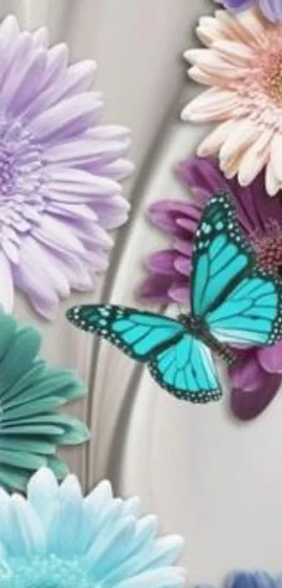 Blue butterfly amidst colorful flowers wallpaper.